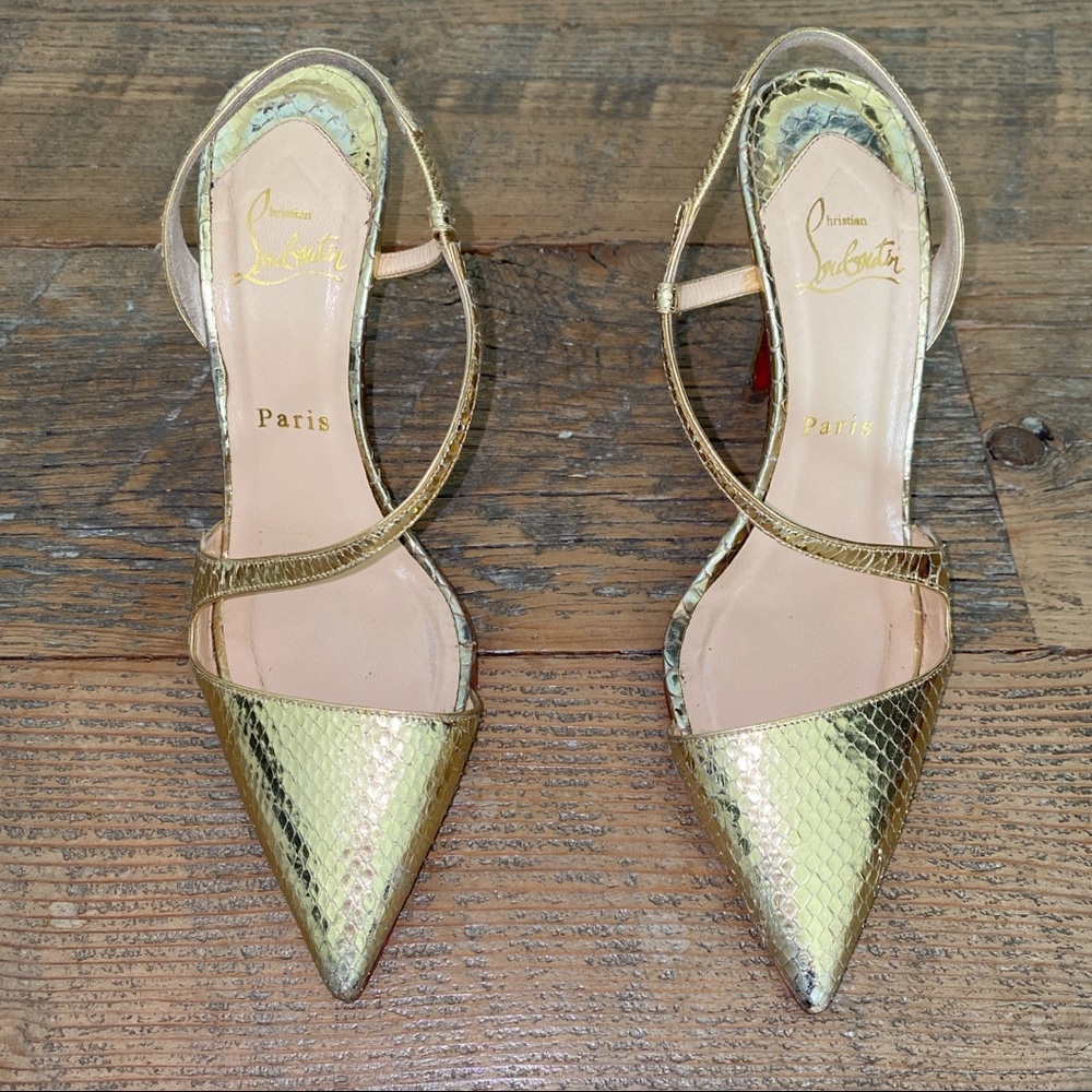 CHRISTIAN LOUBOUTIN Gold Python Strappy Heels